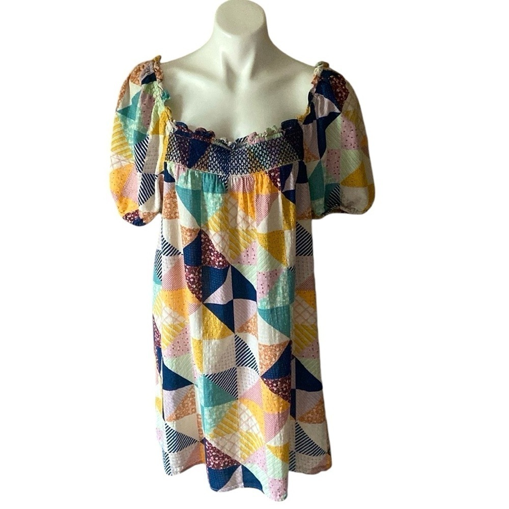 a.n.a Multicolored Floral Patchwork Short Puff Sleeve Above Knee Dress Large